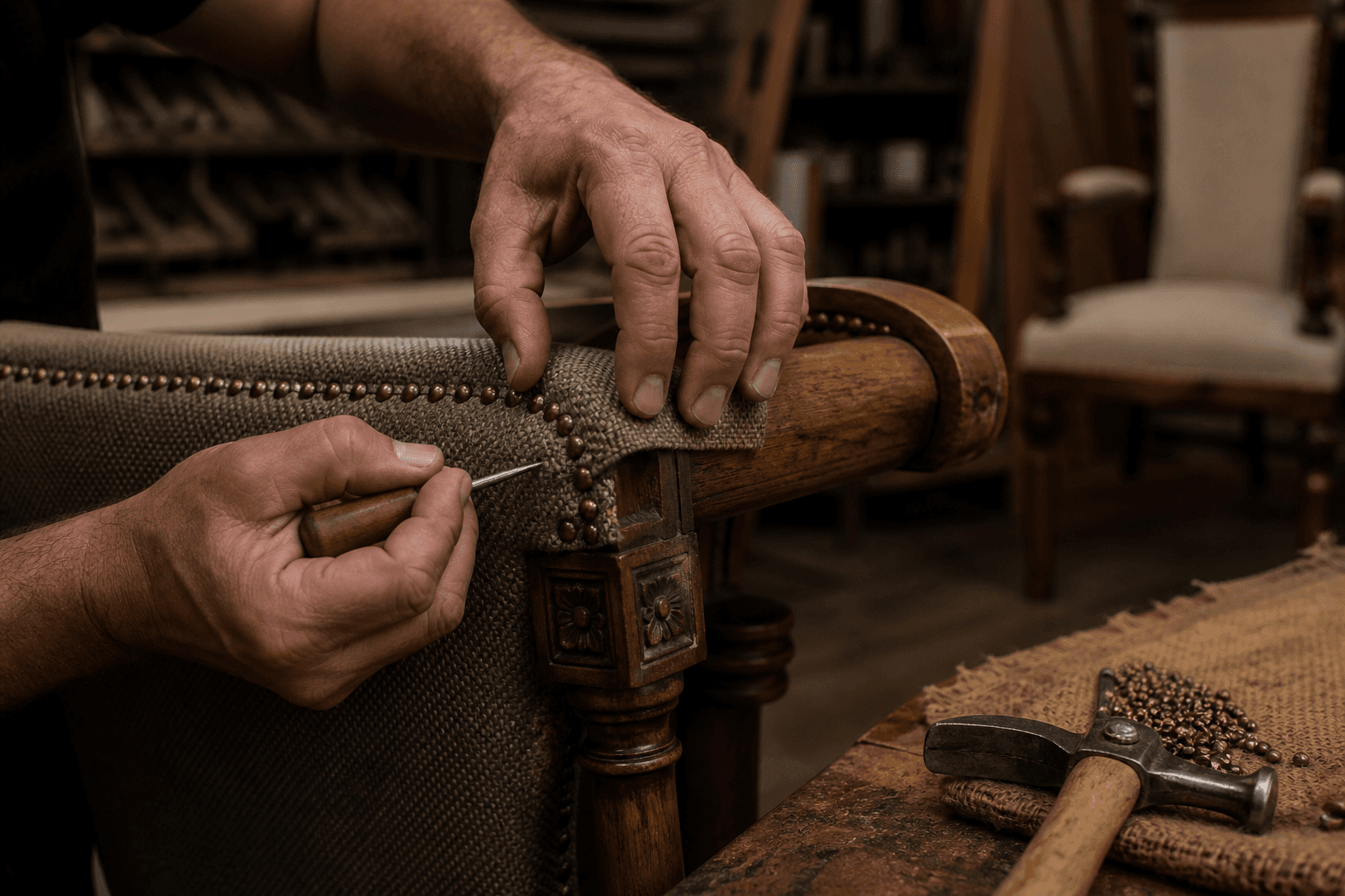 Meubelstoffering in het eigen atelier van Le Rideau